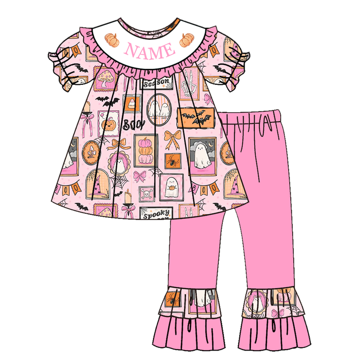 Personalized Halloween cute pink embroidery dress holiday sisters outfits