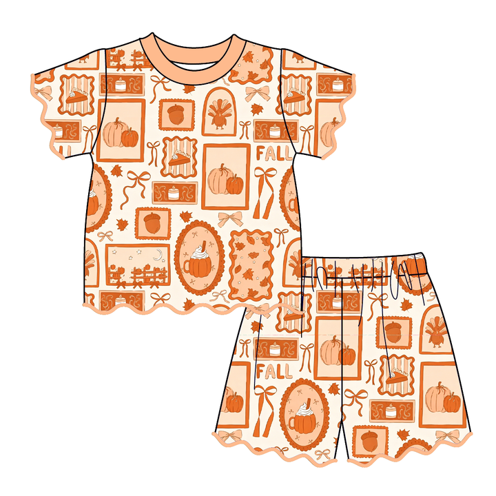 Girls Halloween pumpkin printed embroidery wave hem 2pcs set