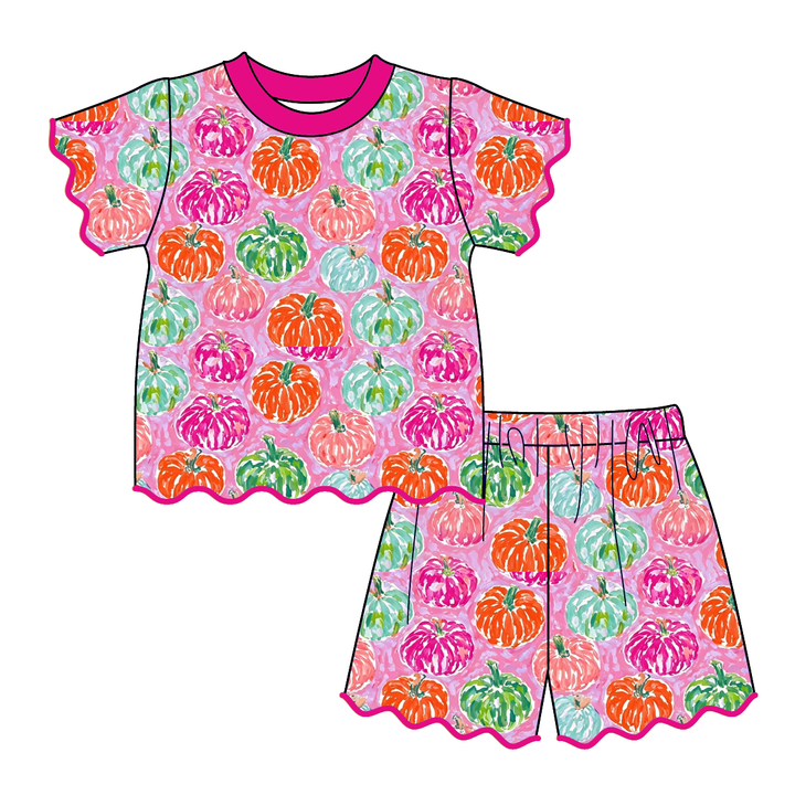 Girls Halloween pumpkin printed embroidery wave hem 2pcs set