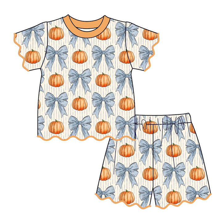 Girls Halloween pumpkin printed embroidery wave hem 2pcs set
