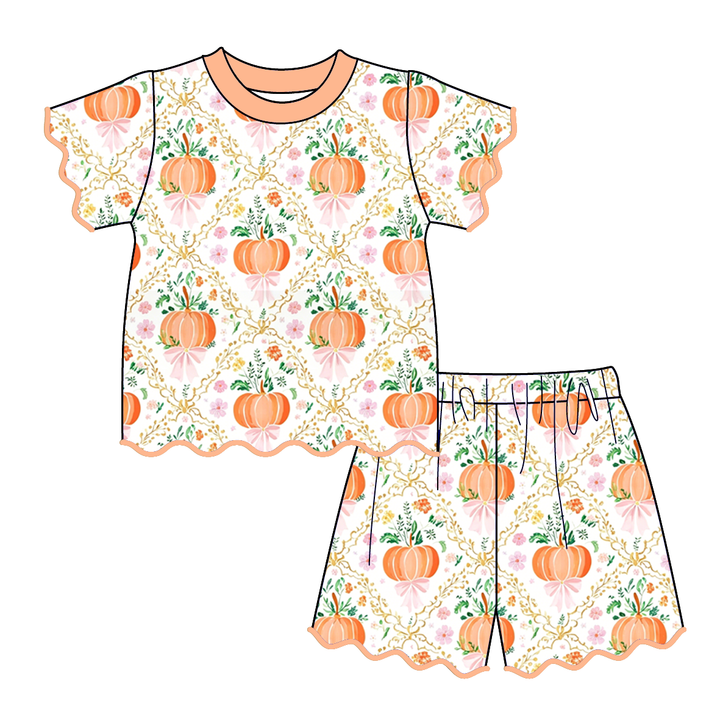 Girls Halloween pumpkin printed embroidery wave hem 2pcs set