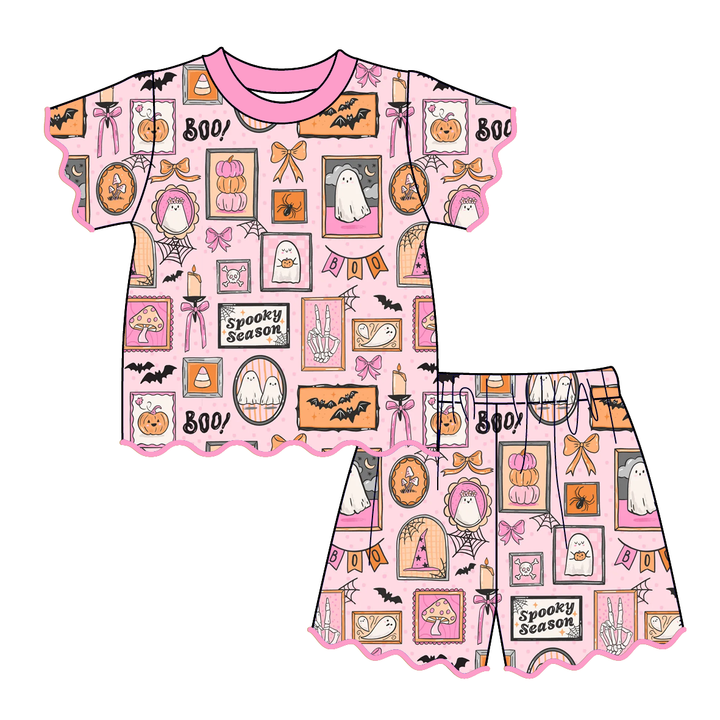 Girls Halloween pumpkin printed embroidery wave hem 2pcs set
