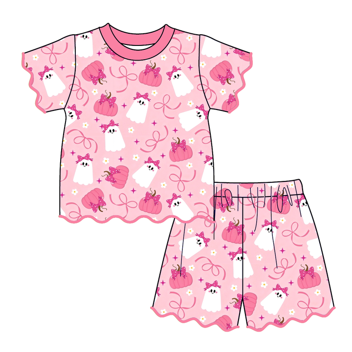Girls Halloween pumpkin printed embroidery wave hem 2pcs set