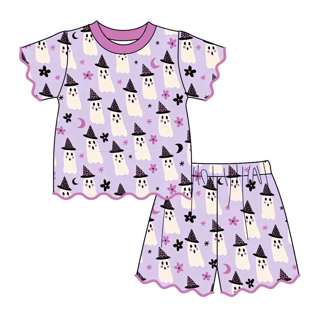 Girls Halloween pumpkin printed embroidery wave hem 2pcs set