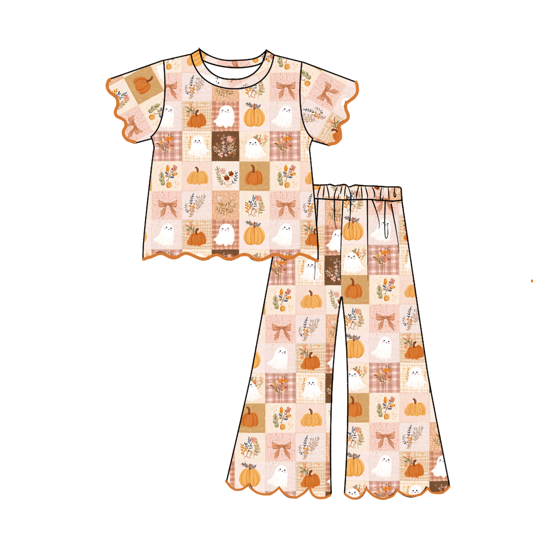 Girls Halloween Embroidery Scallop Top&Bell Pant Set