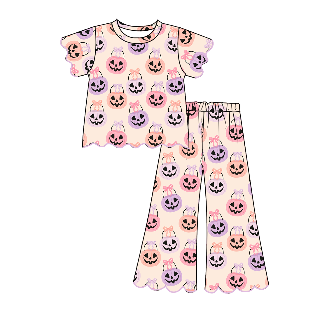 Girls Halloween Embroidery Scallop Top&Bell Pant Set