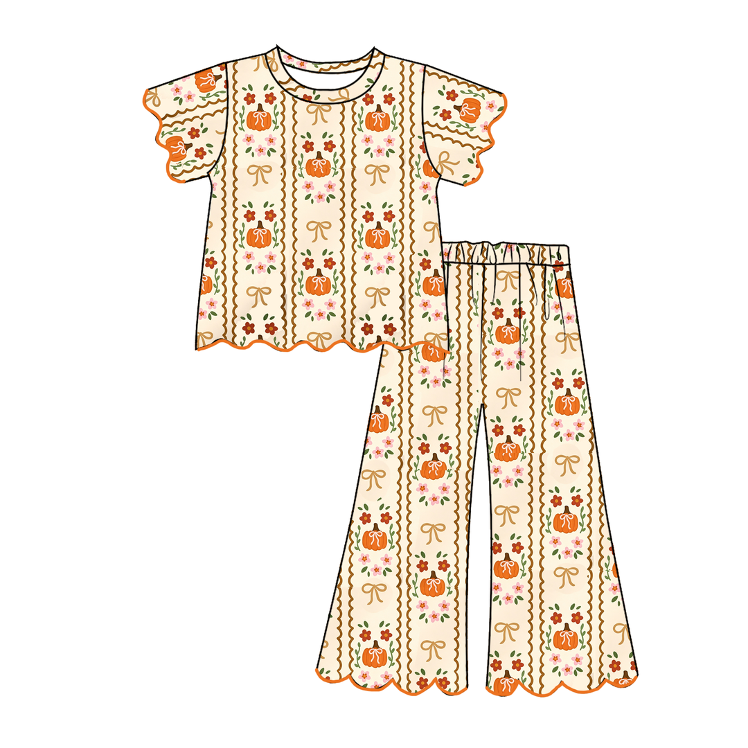 Girls Halloween Embroidery Scallop Top&Bell Pant Set