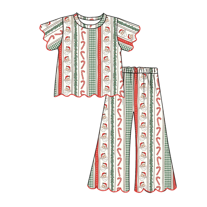 Girls Christmas Embroidery Wave Hem Top&Bell Pant Set