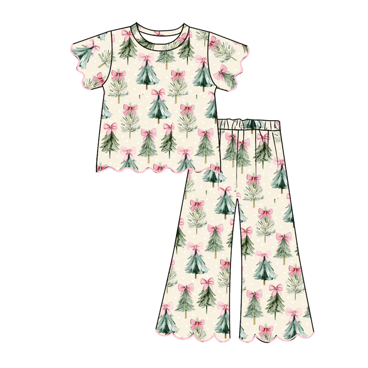 Girls Christmas Embroidery Wave Hem Top&Bell Pant Set