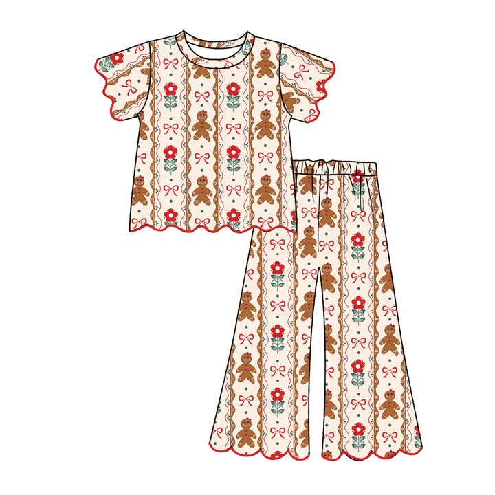 Girls Christmas Embroidery Wave Hem Top&Bell Pant Set