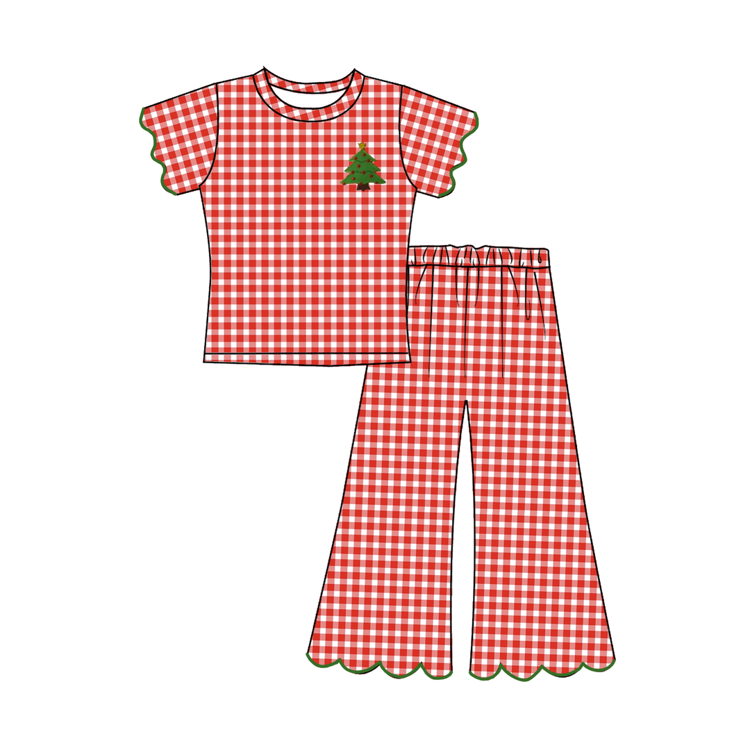 Girls Christmas Embroidery Wave Hem Top&Bell Pant Set