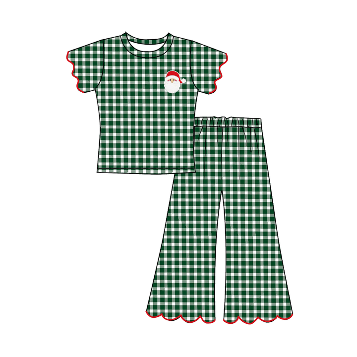 Girls Christmas Embroidery Wave Hem Top&Bell Pant Set