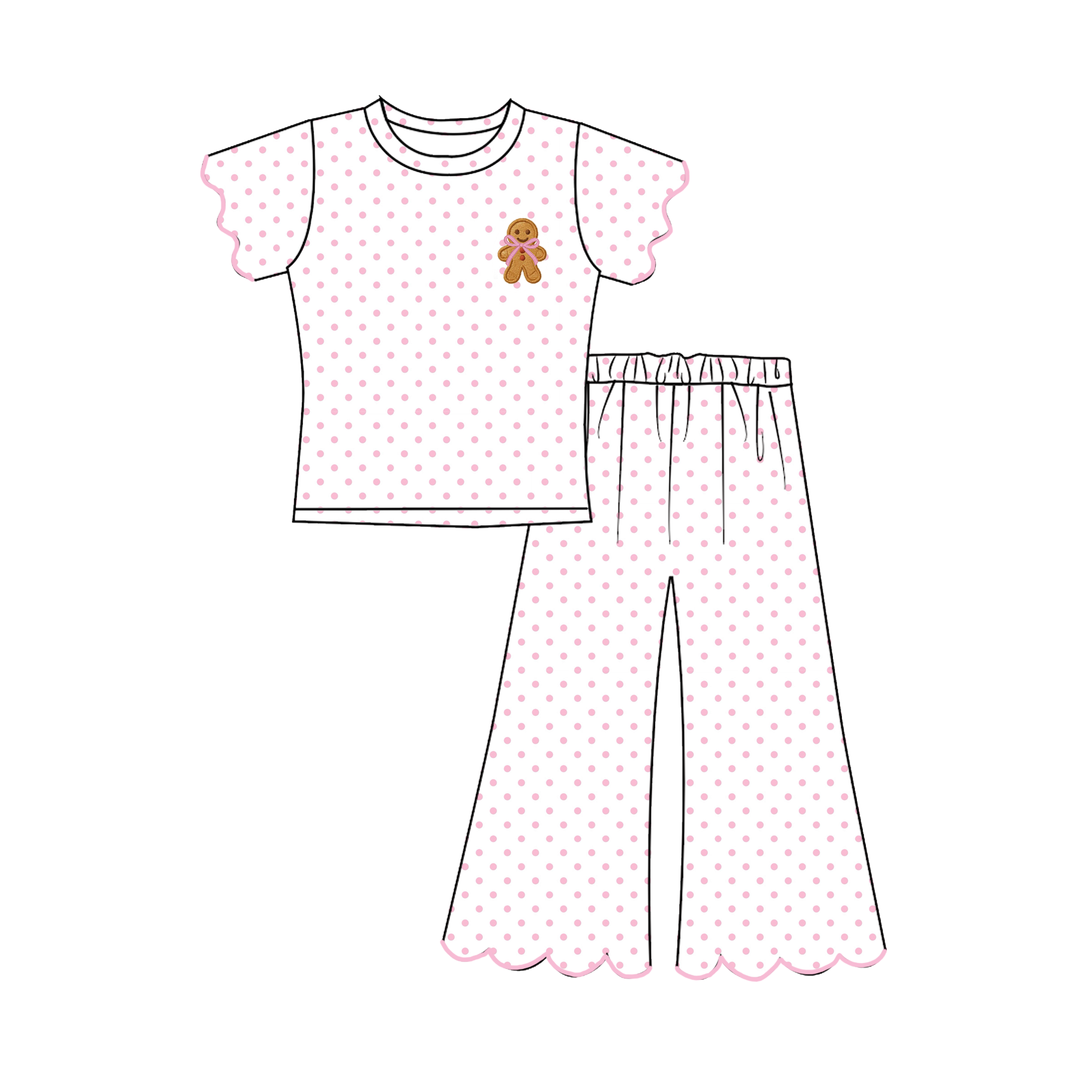 Girls Christmas Embroidery Wave Hem Top&Bell Pant Set
