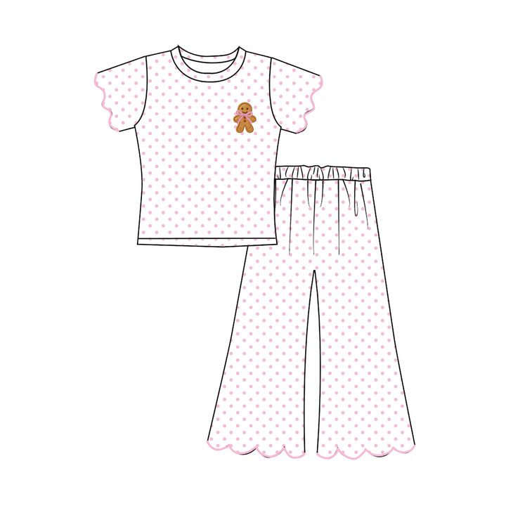 Girls Christmas Embroidery Wave Hem Top&Bell Pant Set
