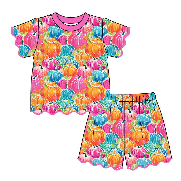 Halloween pumpkin printed embroidery wave hem 2pcs set