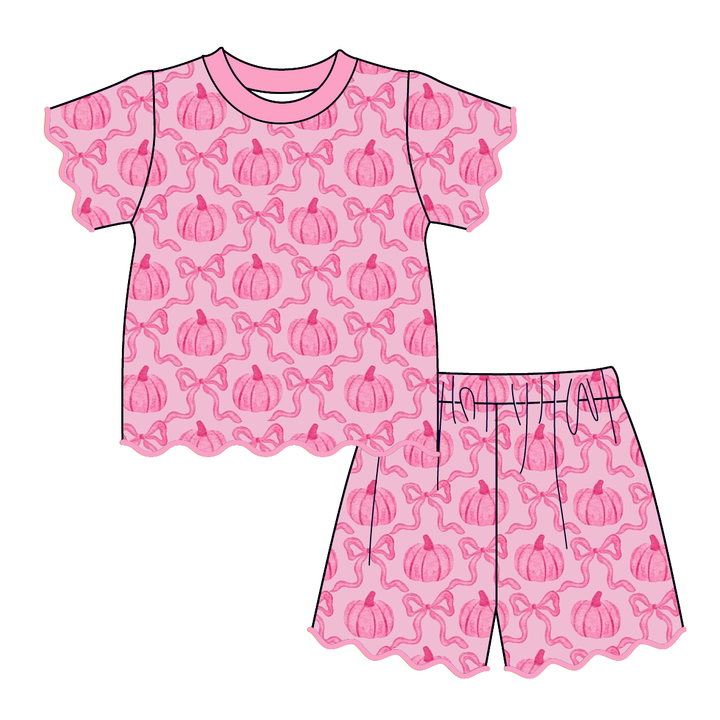 Halloween pumpkin printed embroidery wave hem 2pcs set