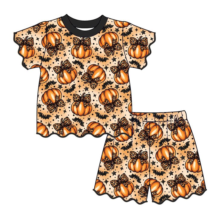 Halloween pumpkin printed embroidery wave hem 2pcs set