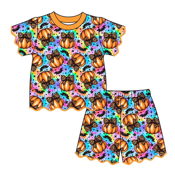 Halloween pumpkin printed embroidery wave hem 2pcs set