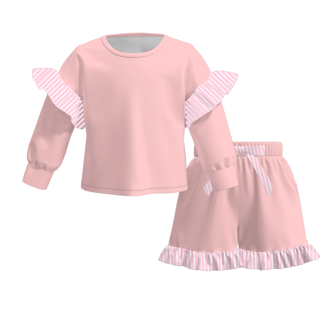 Girls Striped Ruffle Long Sleeve Top & Shorts 2PCS Set