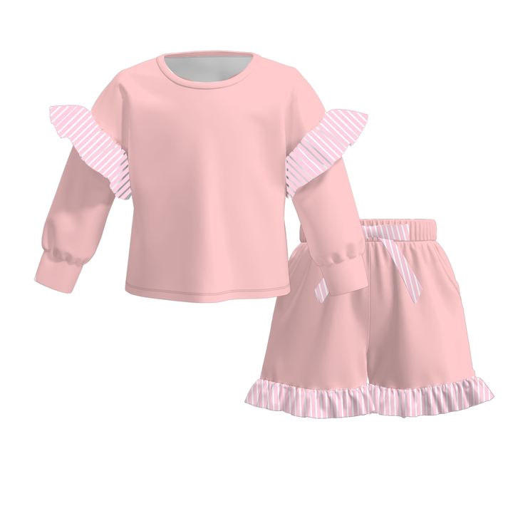 Girls Striped Ruffle Long Sleeve Top & Shorts 2PCS Set