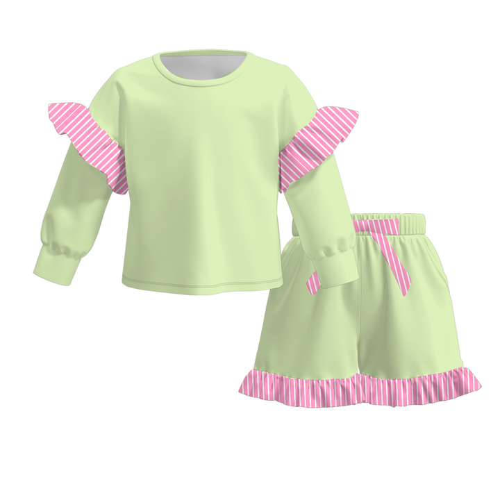 Girls Striped Ruffle Long Sleeve Top & Shorts 2PCS Set