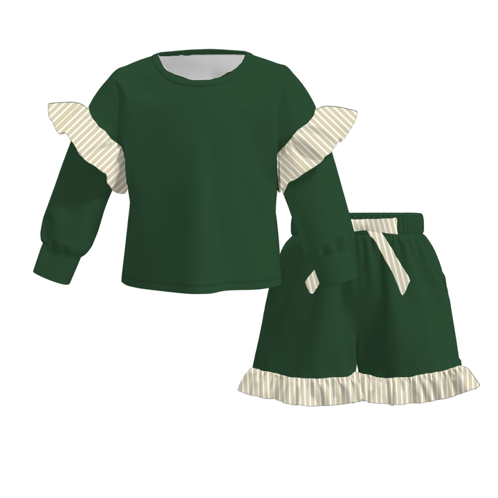 Girls Striped Ruffle Long Sleeve Top & Shorts 2PCS Set