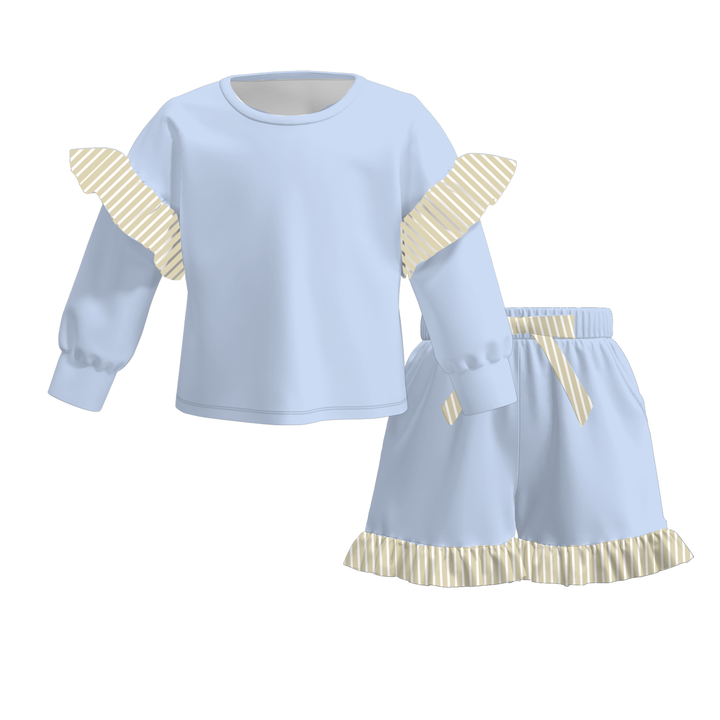 Girls Striped Ruffle Long Sleeve Top & Shorts 2PCS Set