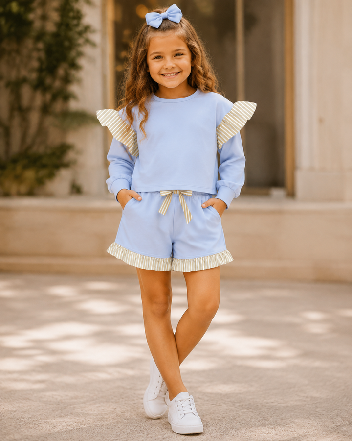 Girls Striped Ruffle Long Sleeve Top & Shorts 2PCS Set
