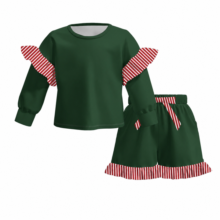 Girls Striped Ruffle Long Sleeve Top & Shorts 2PCS Set