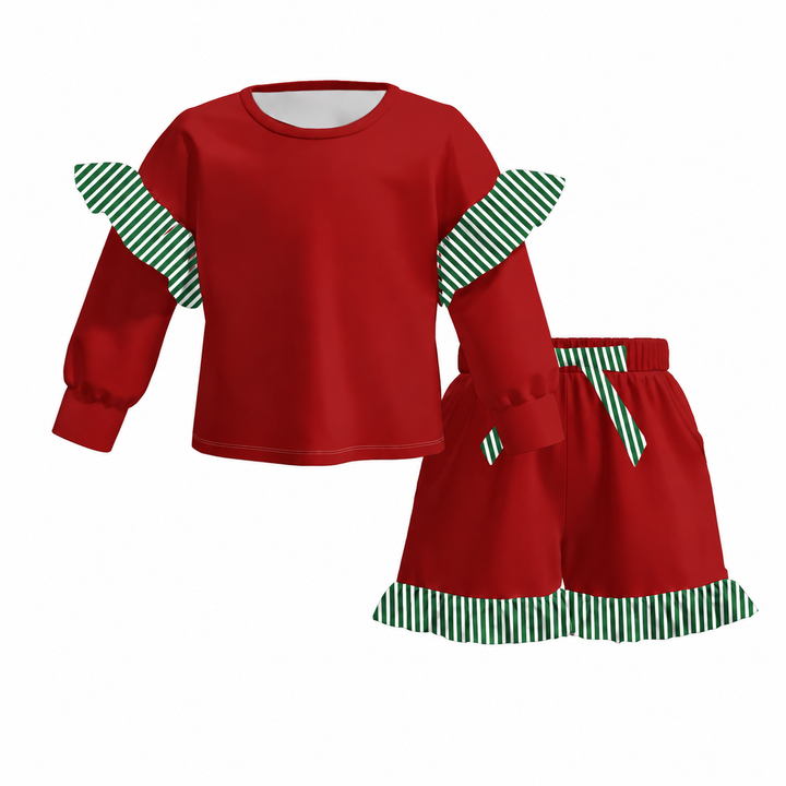 Girls Striped Ruffle Long Sleeve Top & Shorts 2PCS Set