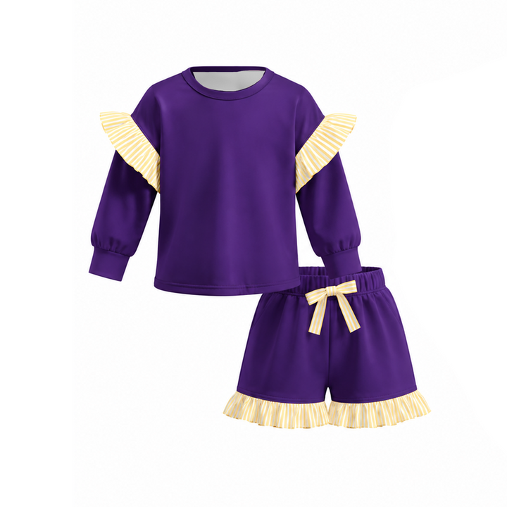 Girls Striped Ruffle Long Sleeve Top & Shorts 2PCS Set