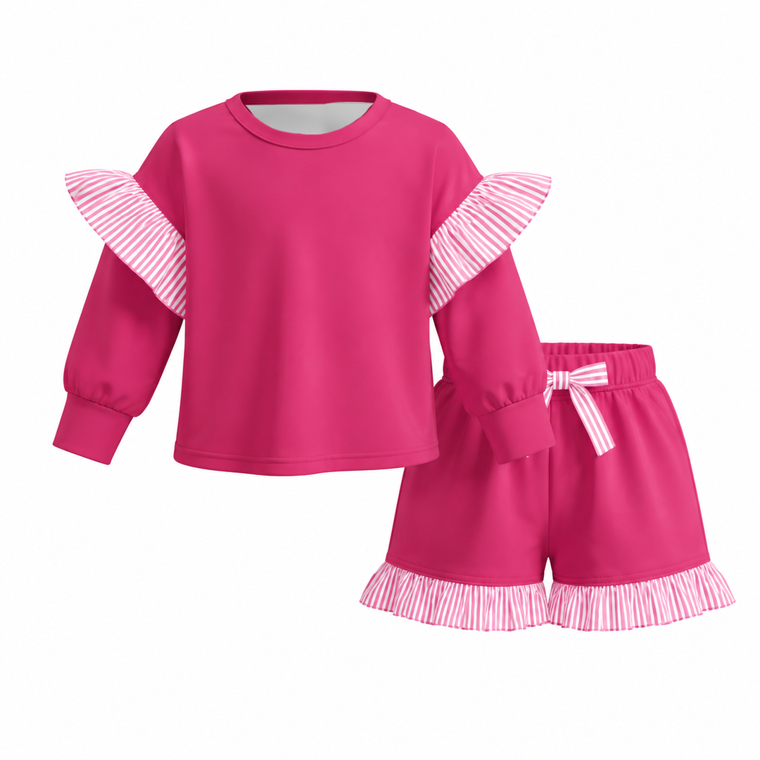 Girls Striped Ruffle Long Sleeve Top & Shorts 2PCS Set