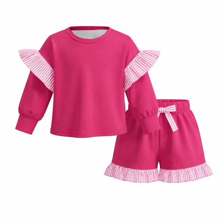 Girls Striped Ruffle Long Sleeve Top & Shorts 2PCS Set