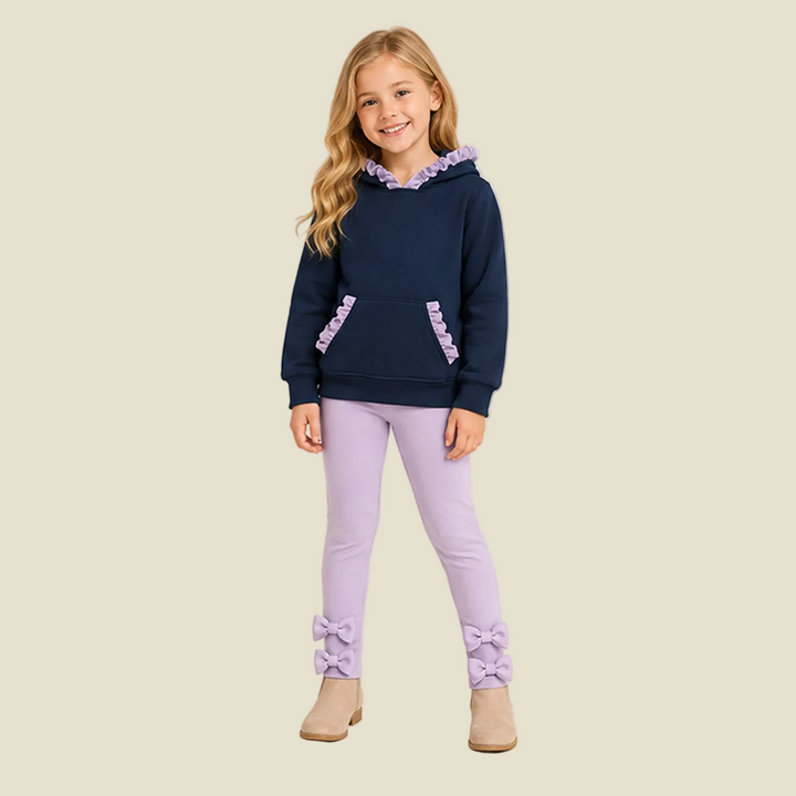 Girls Ruffle Trim Hoodie & Bow Leggings 2PCS Outfit