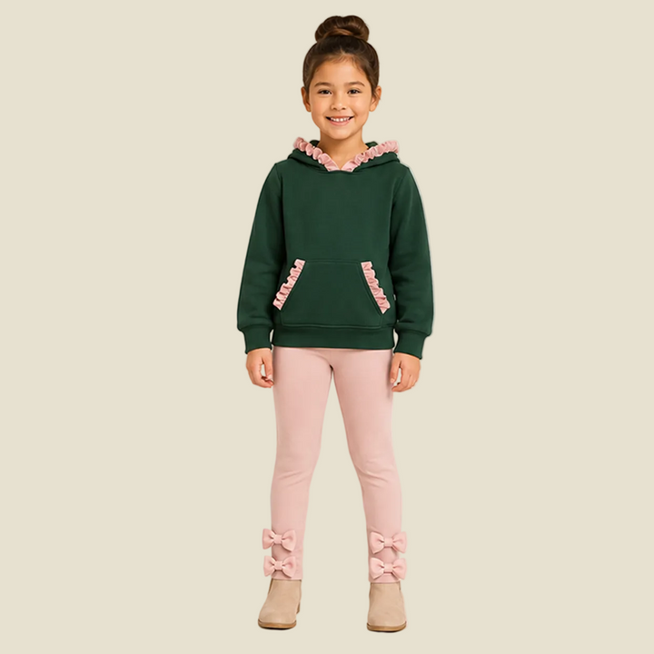 Girls Ruffle Trim Hoodie & Bow Leggings 2PCS Outfit