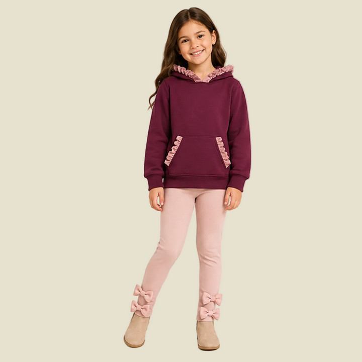 Girls Ruffle Trim Hoodie & Bow Leggings 2PCS Outfit