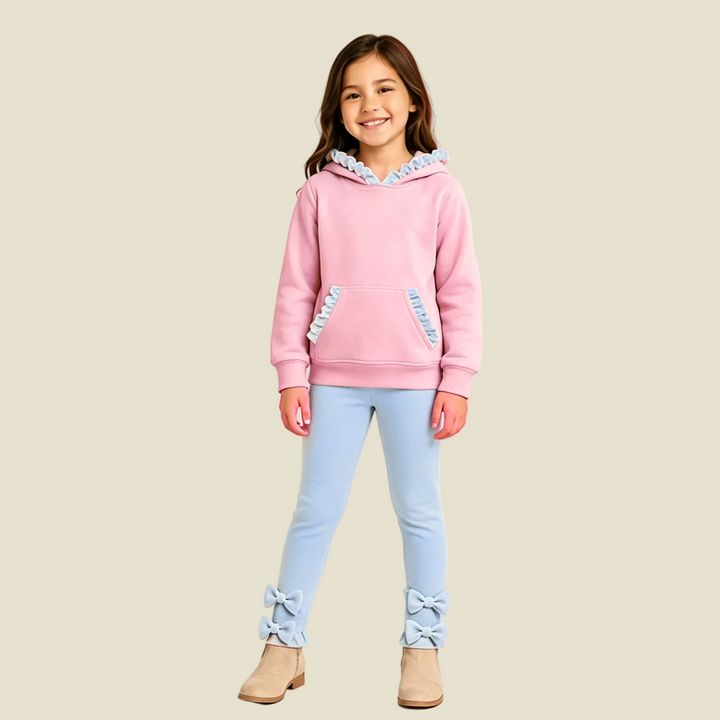 Girls Ruffle Trim Hoodie & Bow Leggings 2PCS Outfit