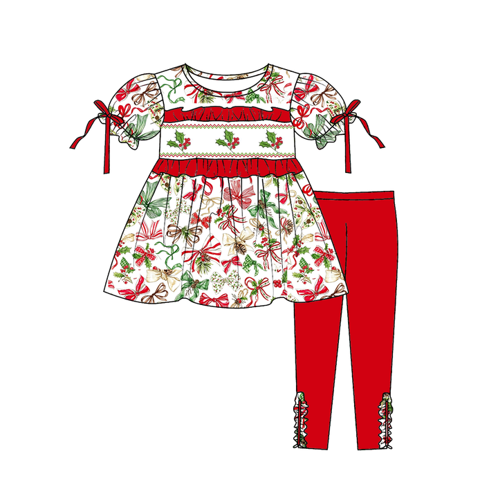 Girls' Christmas Bow Print Holly Embroideried Ruffle Dress