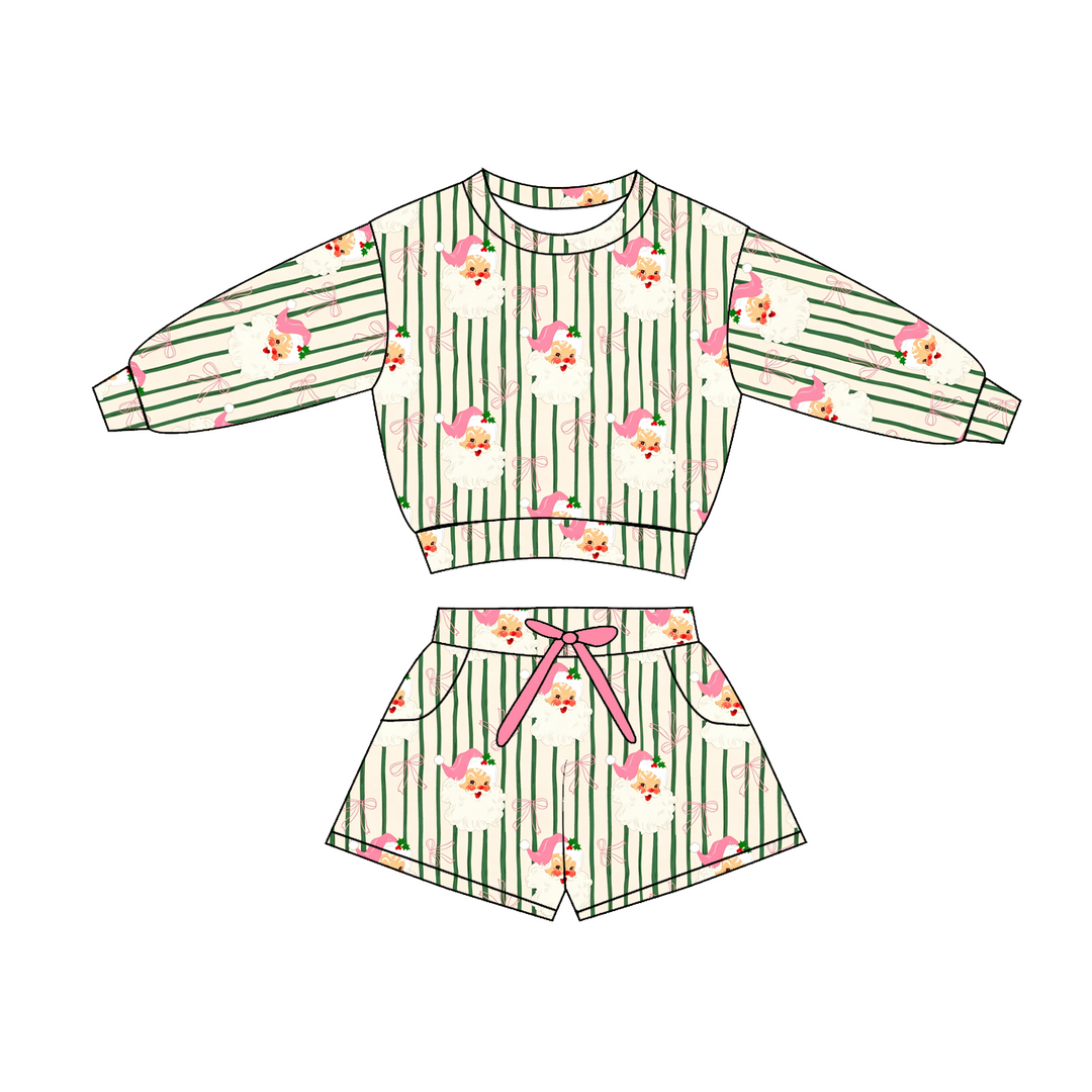 Girls Christmas Pink Santa Bow Sweatshirt & Short 2PCS Set