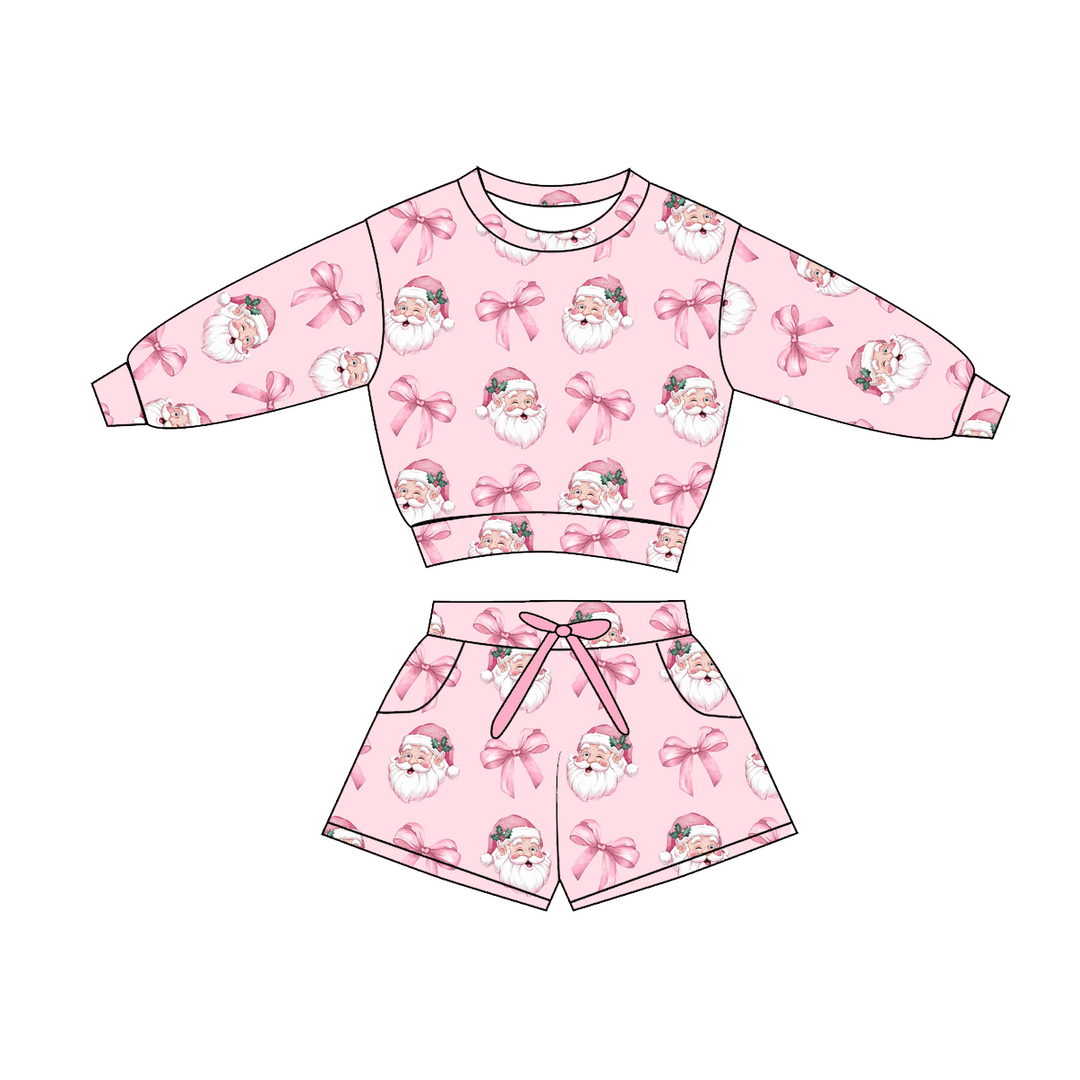 Girls Christmas Pink Santa Bow Sweatshirt & Short 2PCS Set