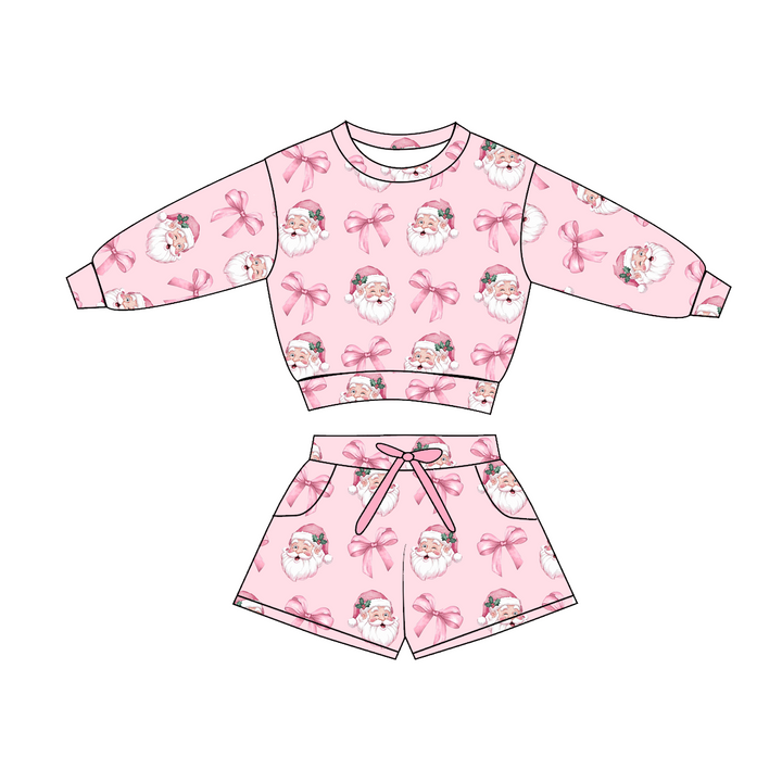 Girls Christmas Pink Santa Bow Sweatshirt & Short 2PCS Set