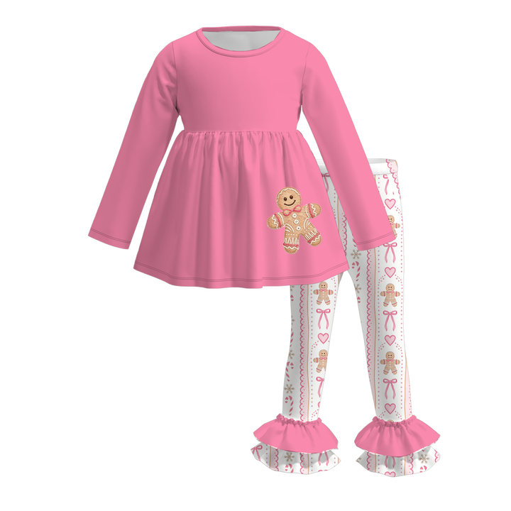 Girls Christmas Gingerbread Pink Top&Pant 2Pcs Set Sisters Matching Outfits