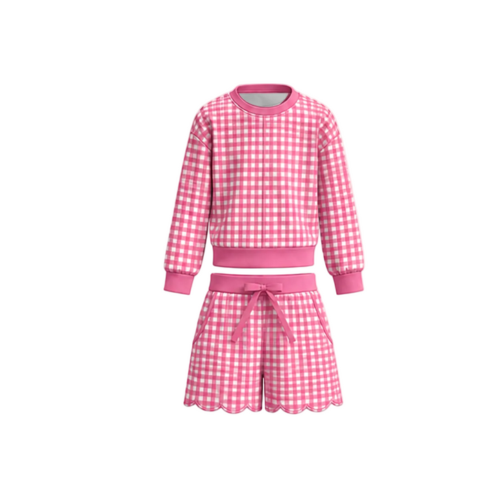 Girls Gingham Long Sleeve Top & Scalloped Shorts Set