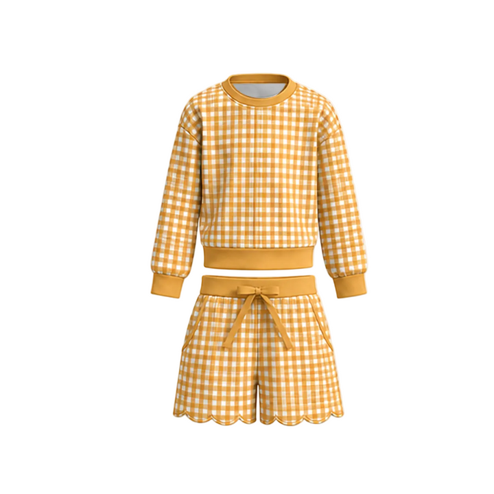 Girls Gingham Long Sleeve Top & Scalloped Shorts Set