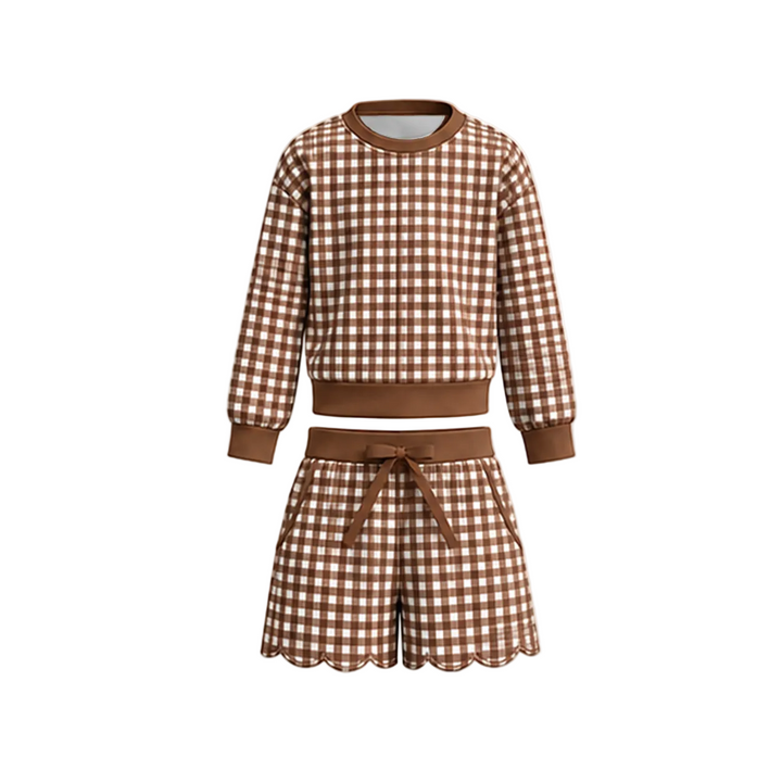 Girls Gingham Long Sleeve Top & Scalloped Shorts Set