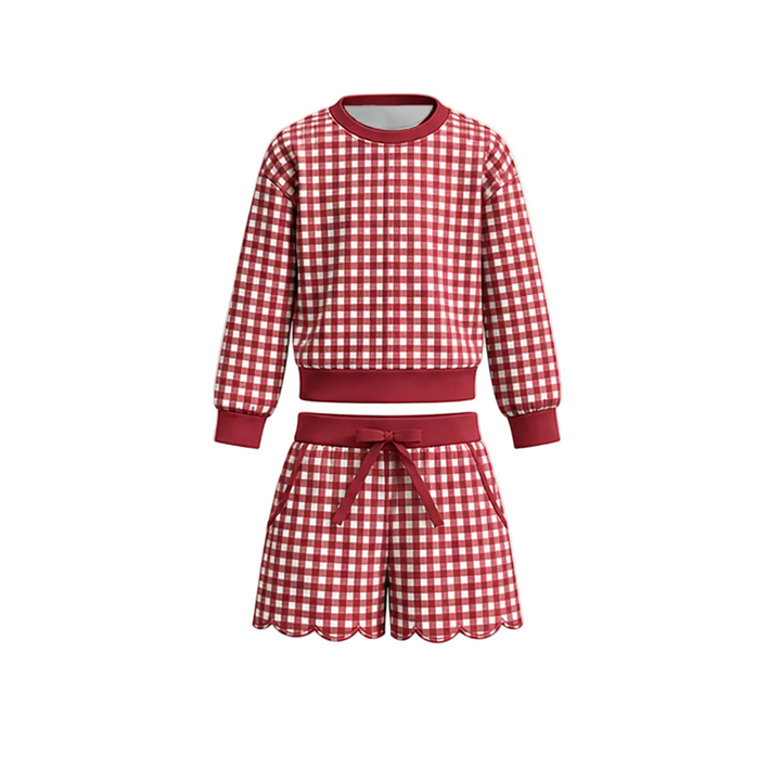Girls Gingham Long Sleeve Top & Scalloped Shorts Set