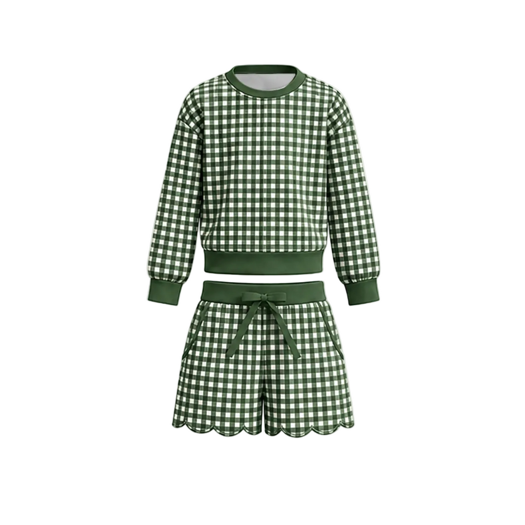 Girls Gingham Long Sleeve Top & Scalloped Shorts Set