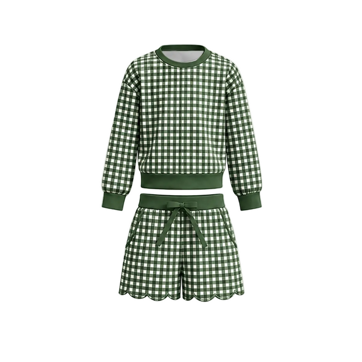 Girls Gingham Long Sleeve Top & Scalloped Shorts Set