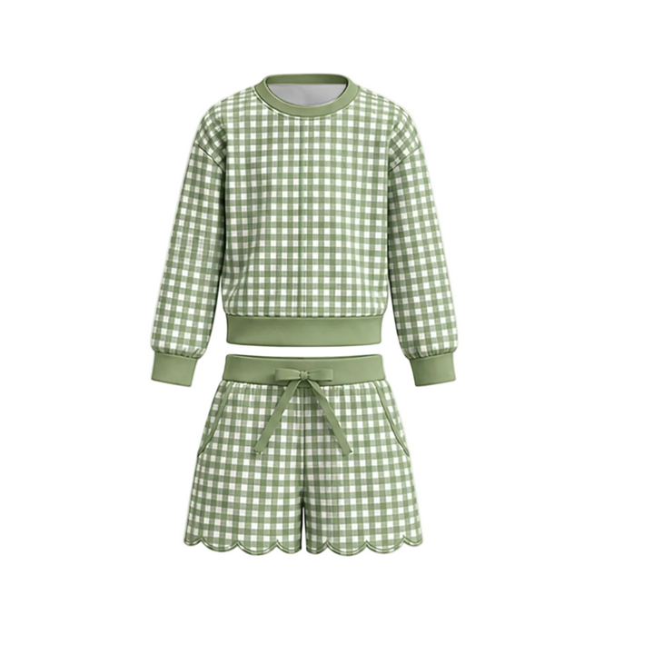 Girls Gingham Long Sleeve Top & Scalloped Shorts Set
