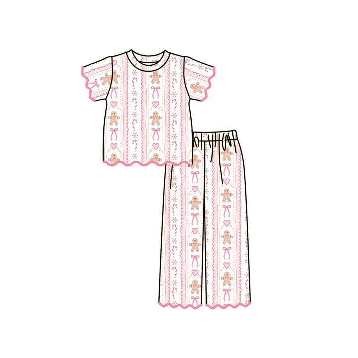 Girls Christmas Gingerbread Pink Top&Pant 2Pcs Set Sisters Matching Outfits